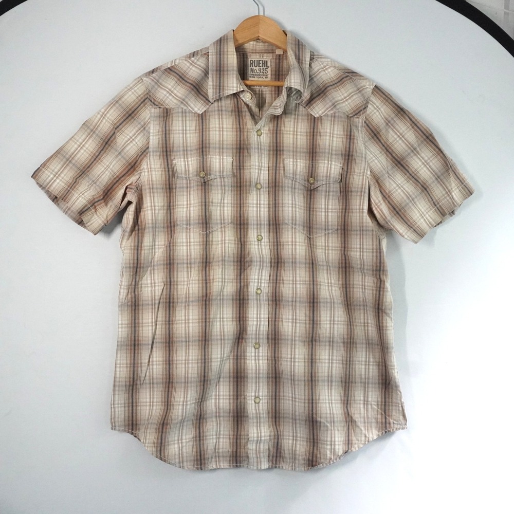 Ruehl No.925‎ Brown Plaid Western Shirt Short Sleeve Button Up XL Cowboy Rodeo